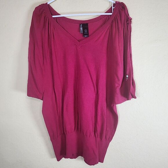 Bisou Bisou Shirt Women's XL cold Shoulder braided beaded tassle  Top Solid pink - Picture 1 of 10